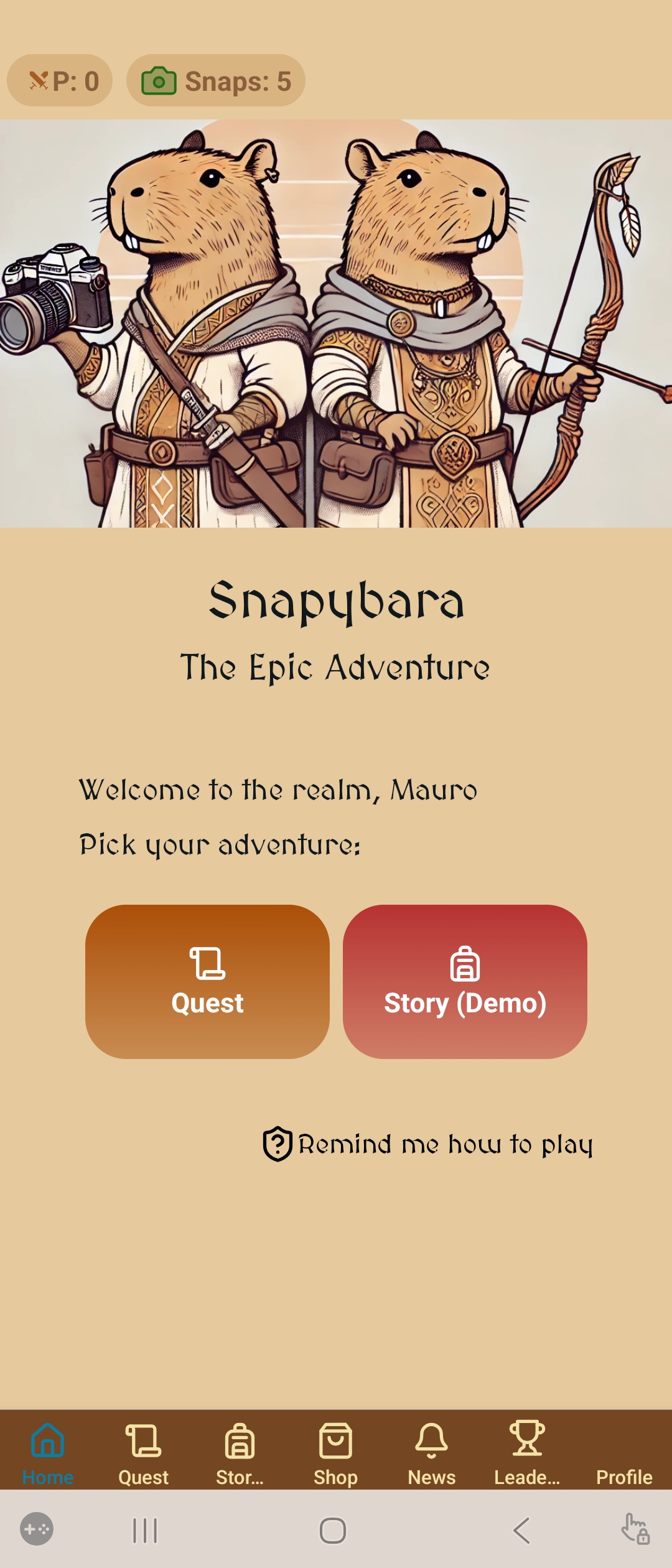Snapybara home screen with two capybara adventurers, one holding a camera and one holding a bow