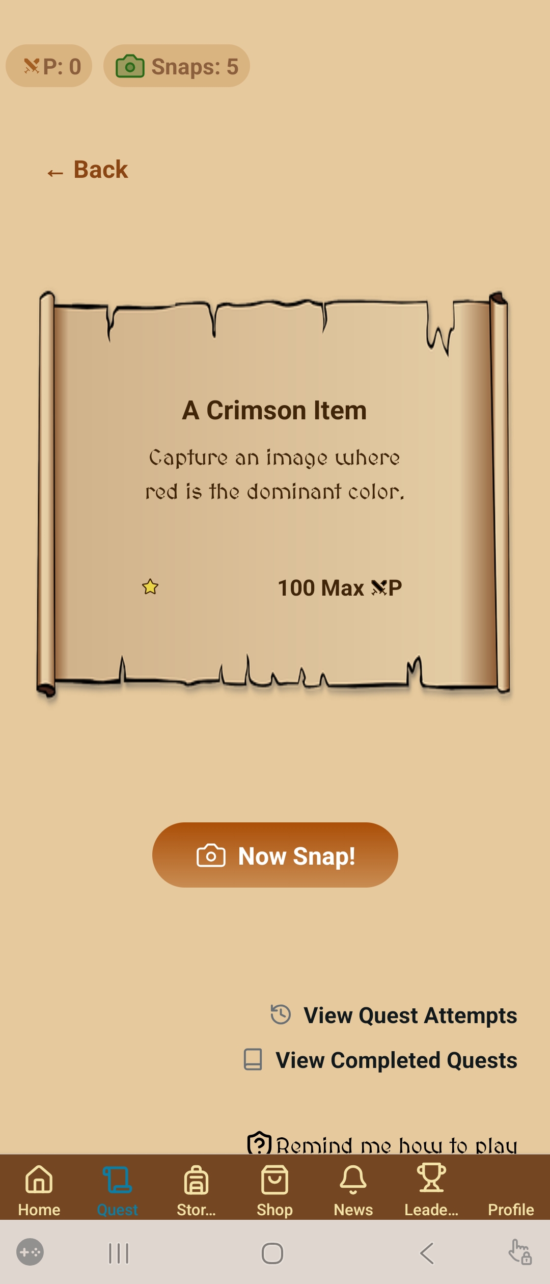 A quest scroll reading: A Crimson Item — capture an image where red is the dominant color