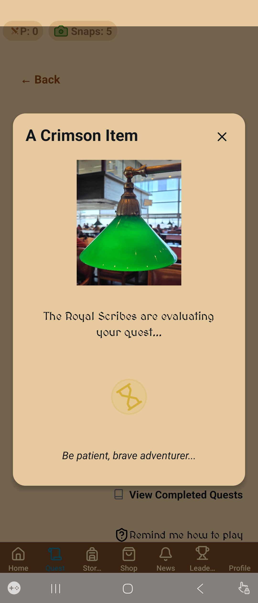 Judging screen: the Royal Scribes are evaluating a submitted photo of a green lamp