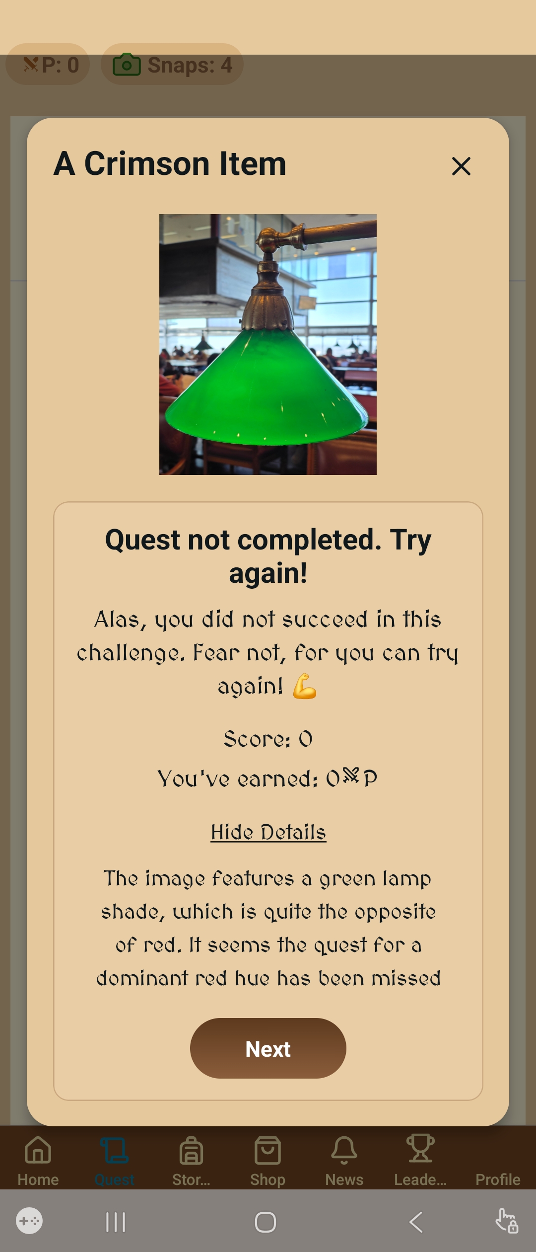 Verdict screen: quest not completed, score zero, with a witty explanation of why the photo missed