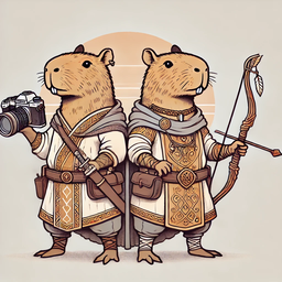 Snapybara app icon: two capybara adventurers, one with a camera and one with a bow