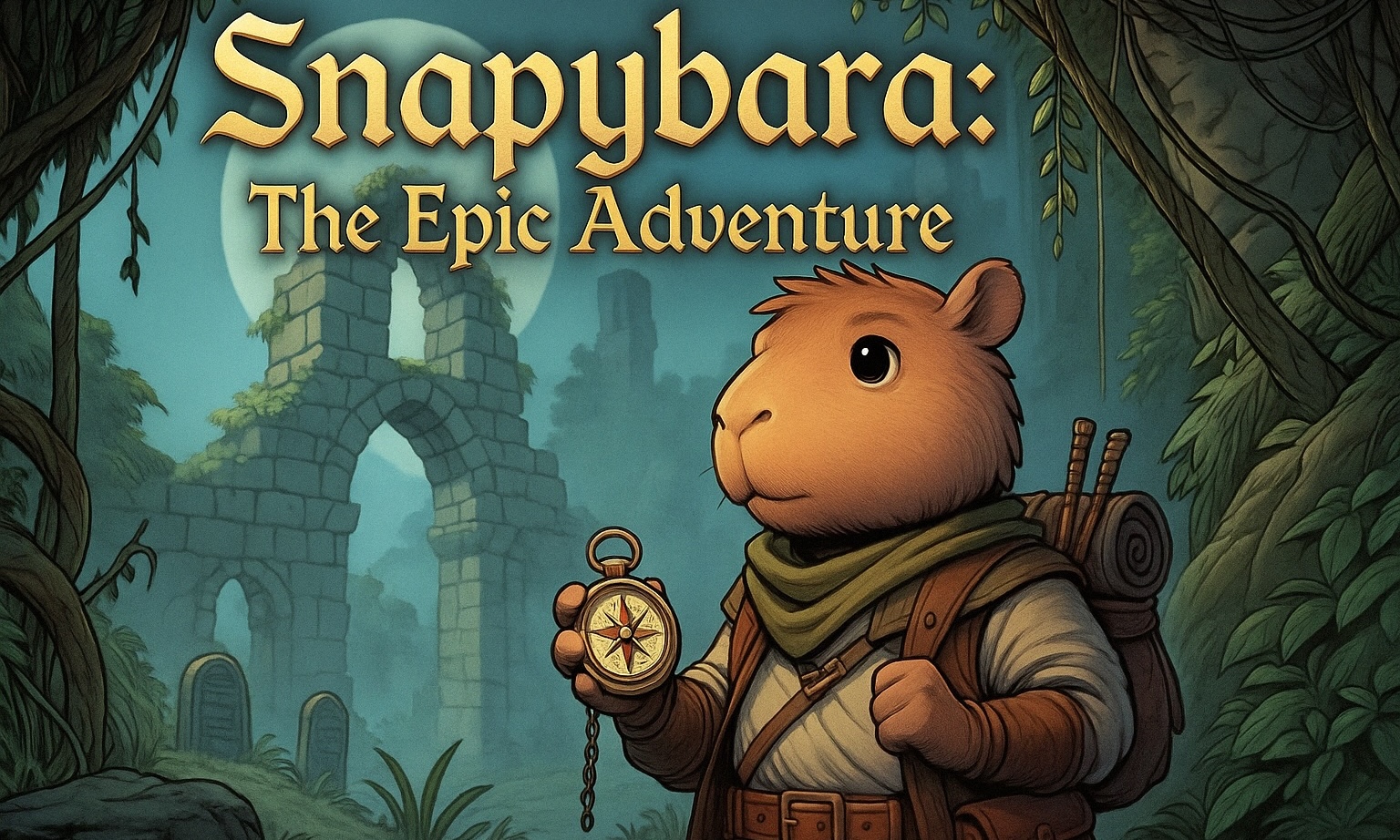 Snapybara feature graphic: Snapy the capybara holds a compass in a jungle beneath the game logo